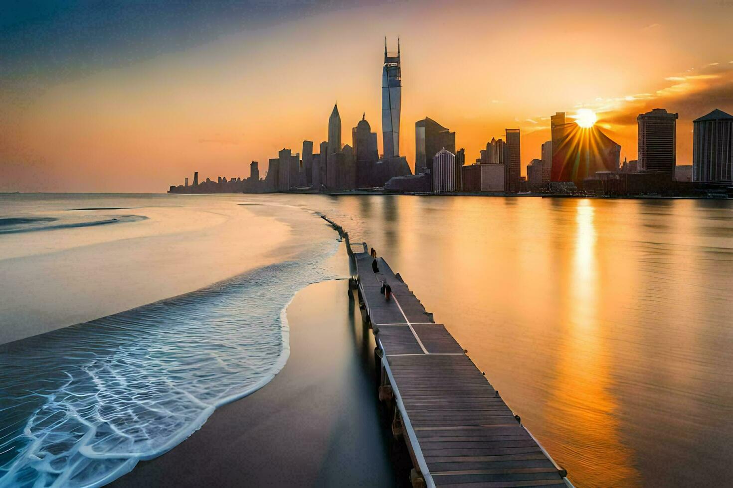 a pier leads to the city skyline at sunset. AI-Generated photo