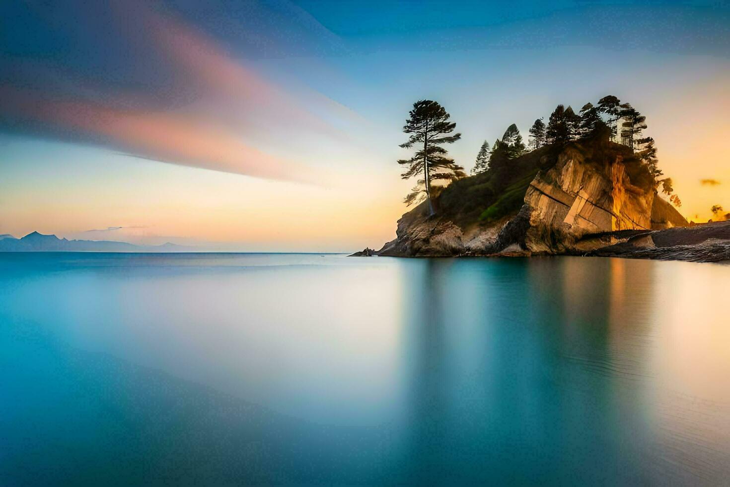 the sun sets over a rocky island in the ocean. AI-Generated photo