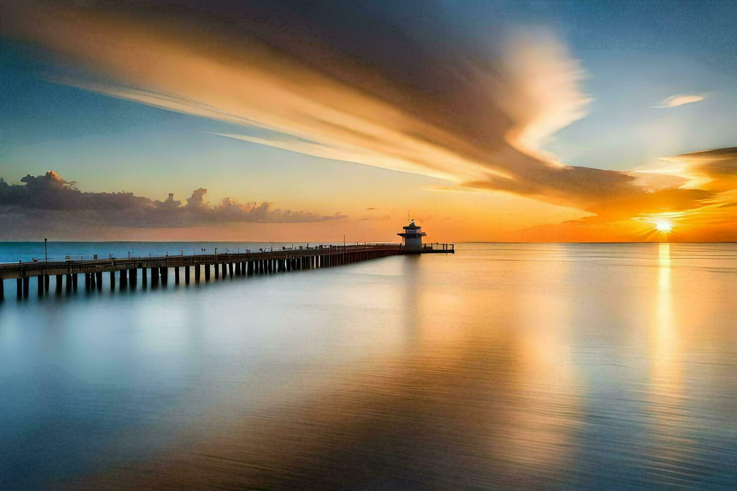 a long exposure photograph of a pier at sunset. AI-Generated photo