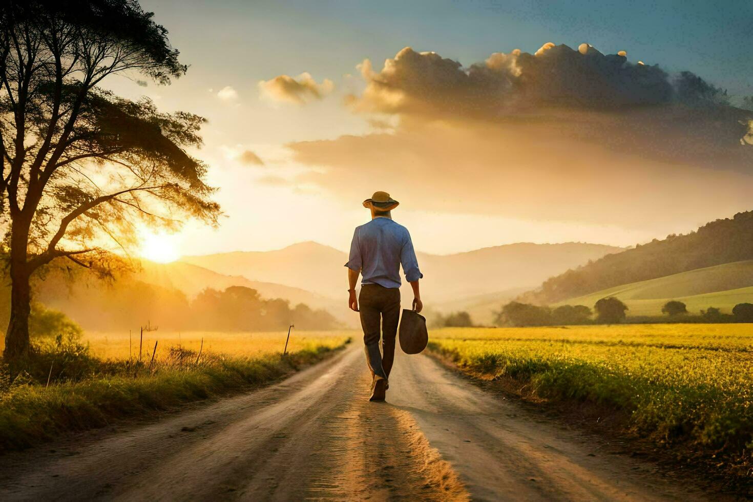 man walking on a country road at sunset. AI-Generated photo