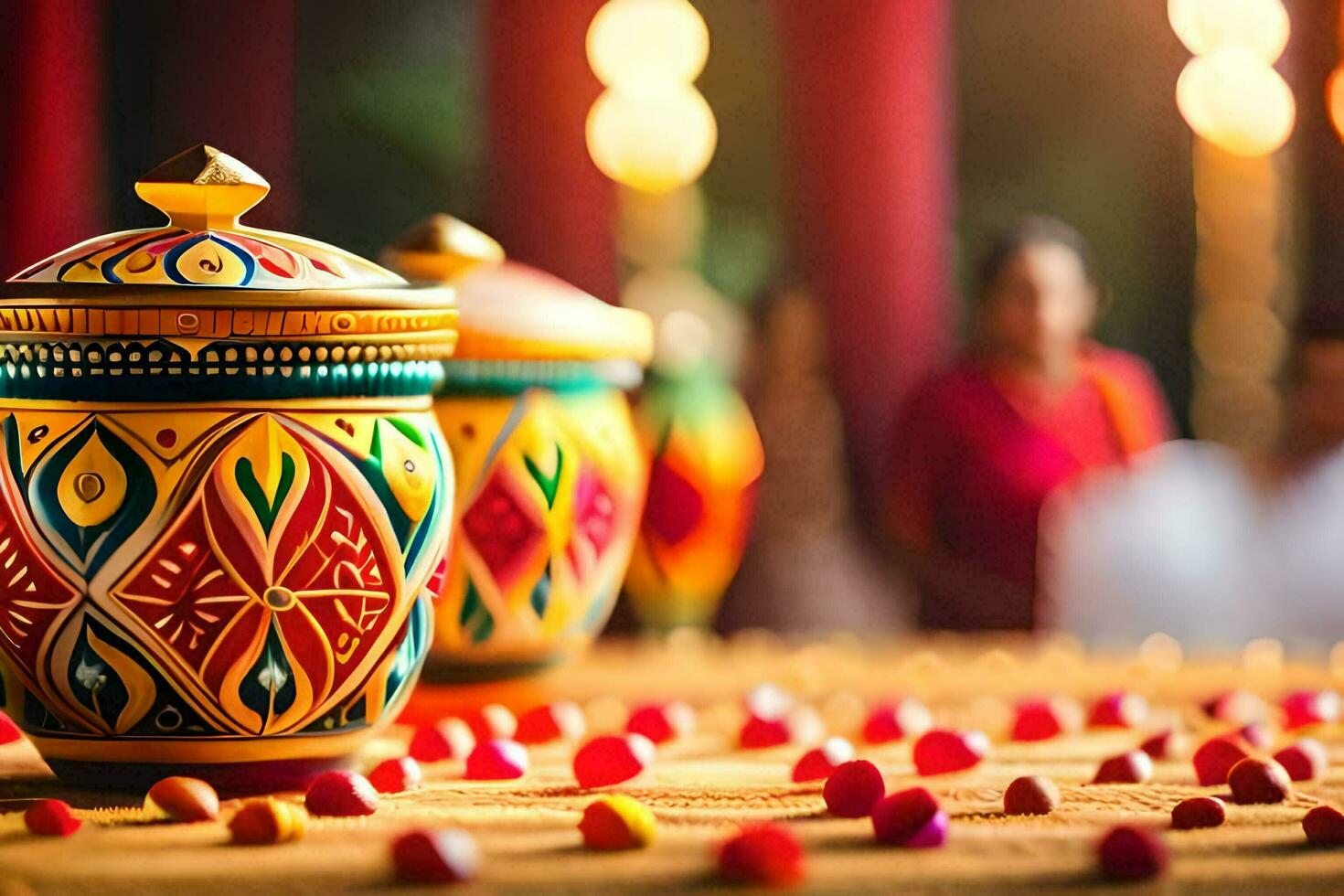 colorful pots and vases on a table with people in the background. AI-Generated photo