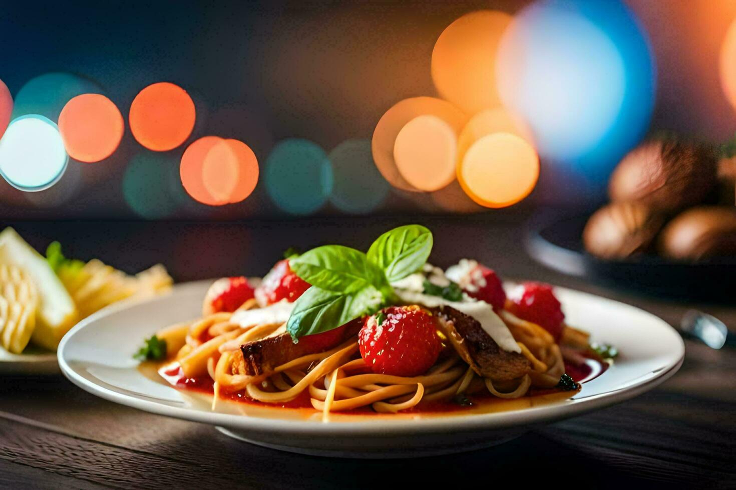 spaghetti with tomato sauce and cheese on a plate. AI-Generated photo