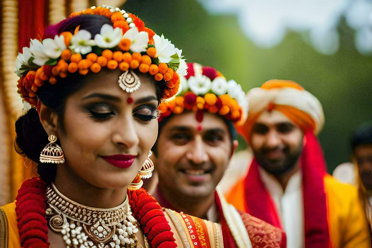un novia y novio en tradicional indio atuendo. generado por ai foto
