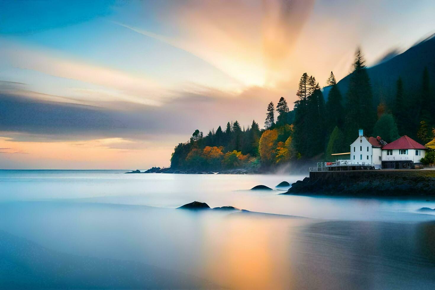 a house sits on the shore of a body of water. AI-Generated photo