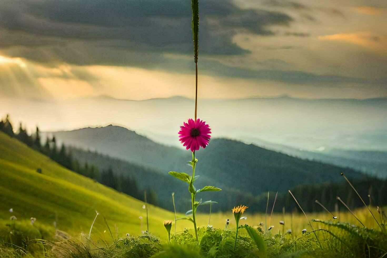 un rosado flor es en pie en un palo en el medio de un campo. generado por ai foto