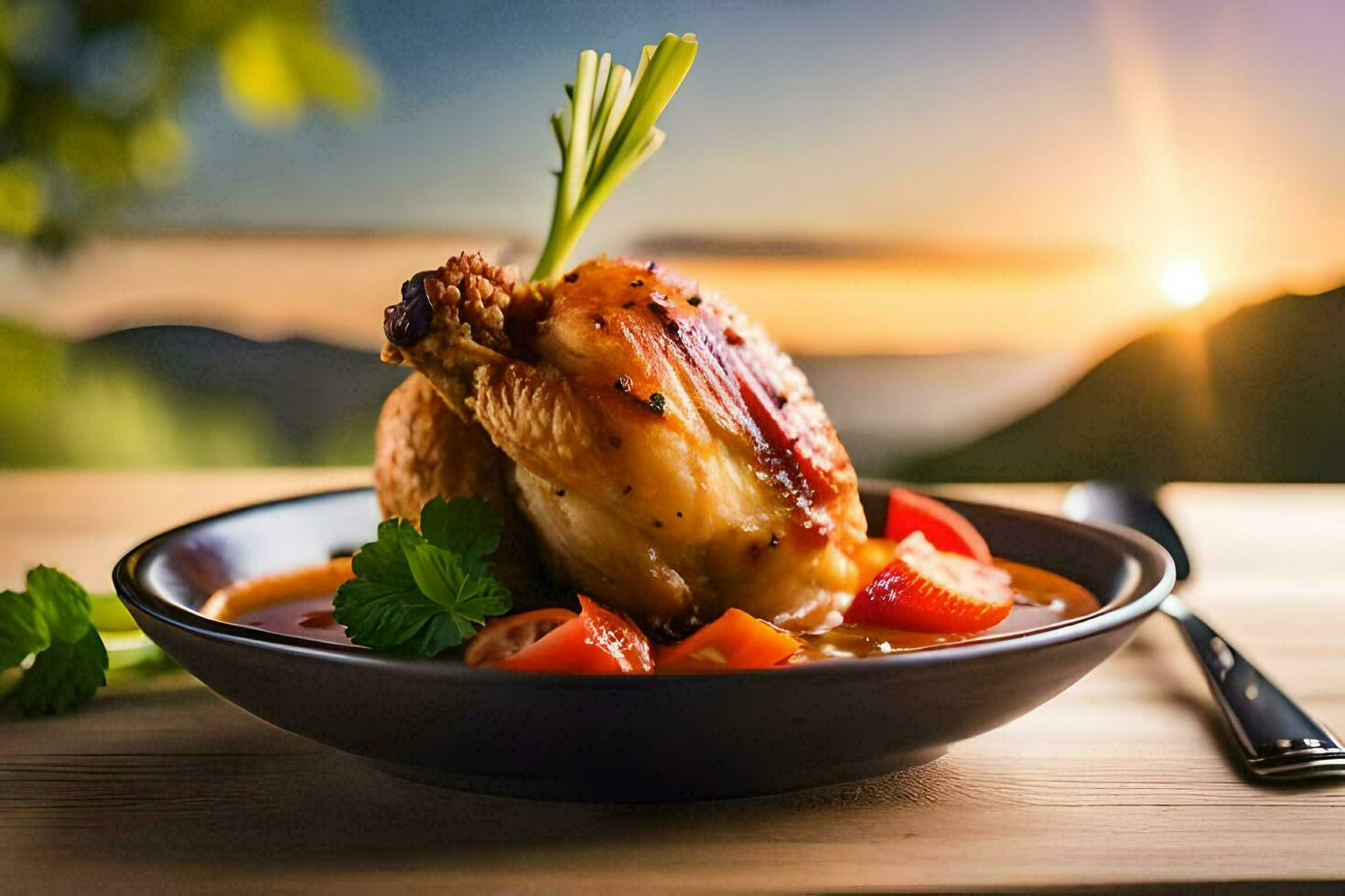 chicken in a bowl with vegetables and a sunset in the background. AI-Generated photo