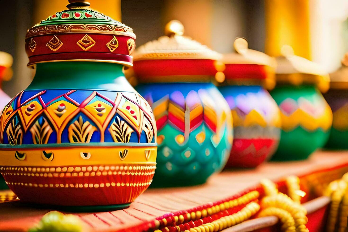 colorful vases are lined up on a table. AI-Generated photo