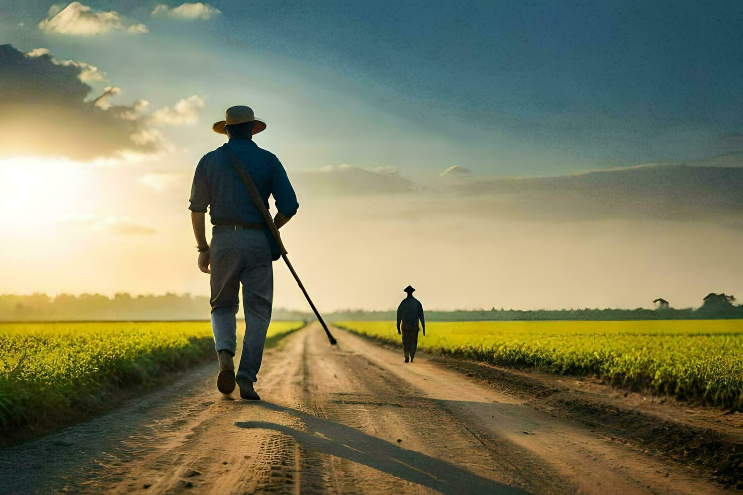 a man walking down a dirt road with a cane. AI-Generated photo