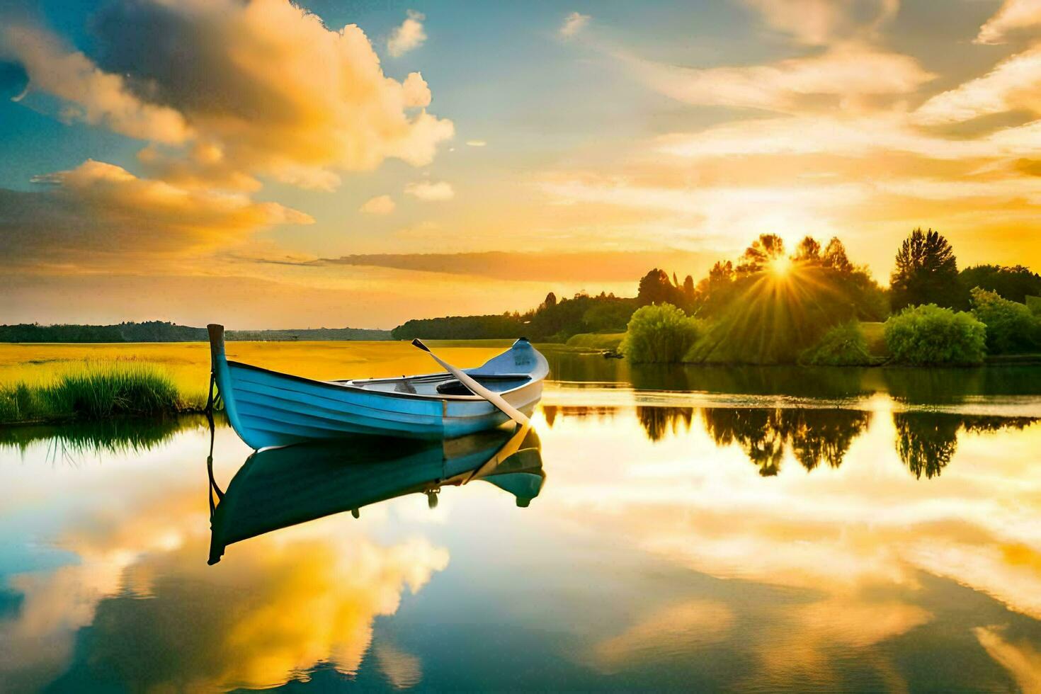 the boat is floating on the calm water. AI-Generated photo