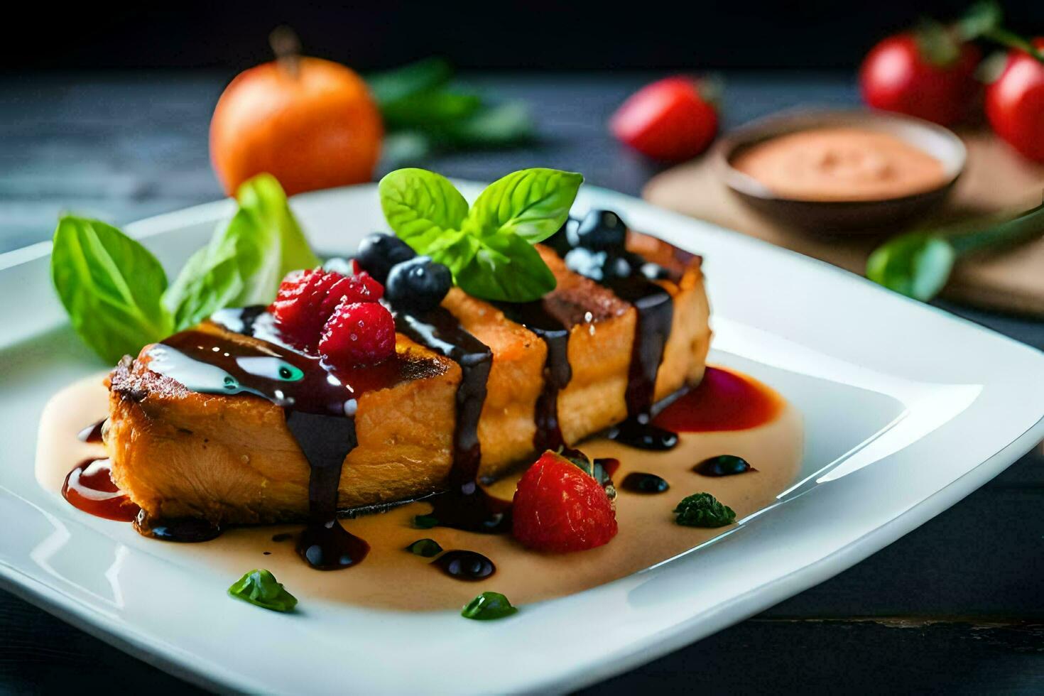 a piece of toast with berries and sauce on it. AI-Generated photo
