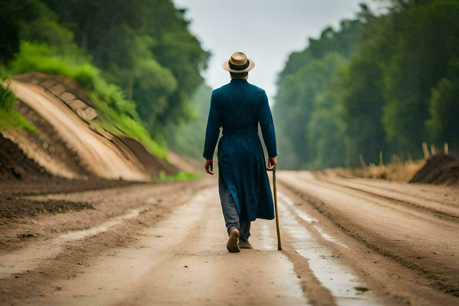 a man in a blue dress walking down a dirt road. AI-Generated photo