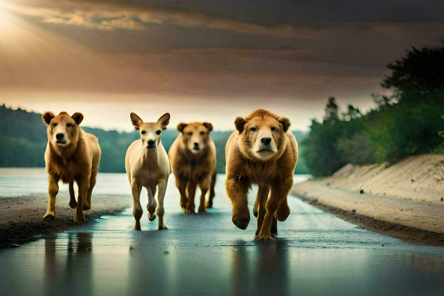 a group of lions and a dog walking on a road. AI-Generated photo