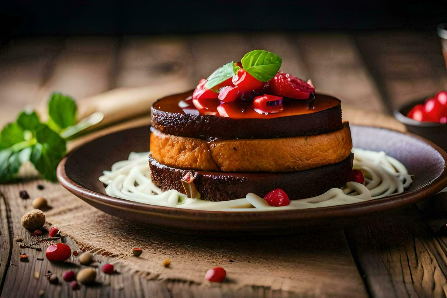 a stack of pancakes with berries and spices. AI-Generated photo