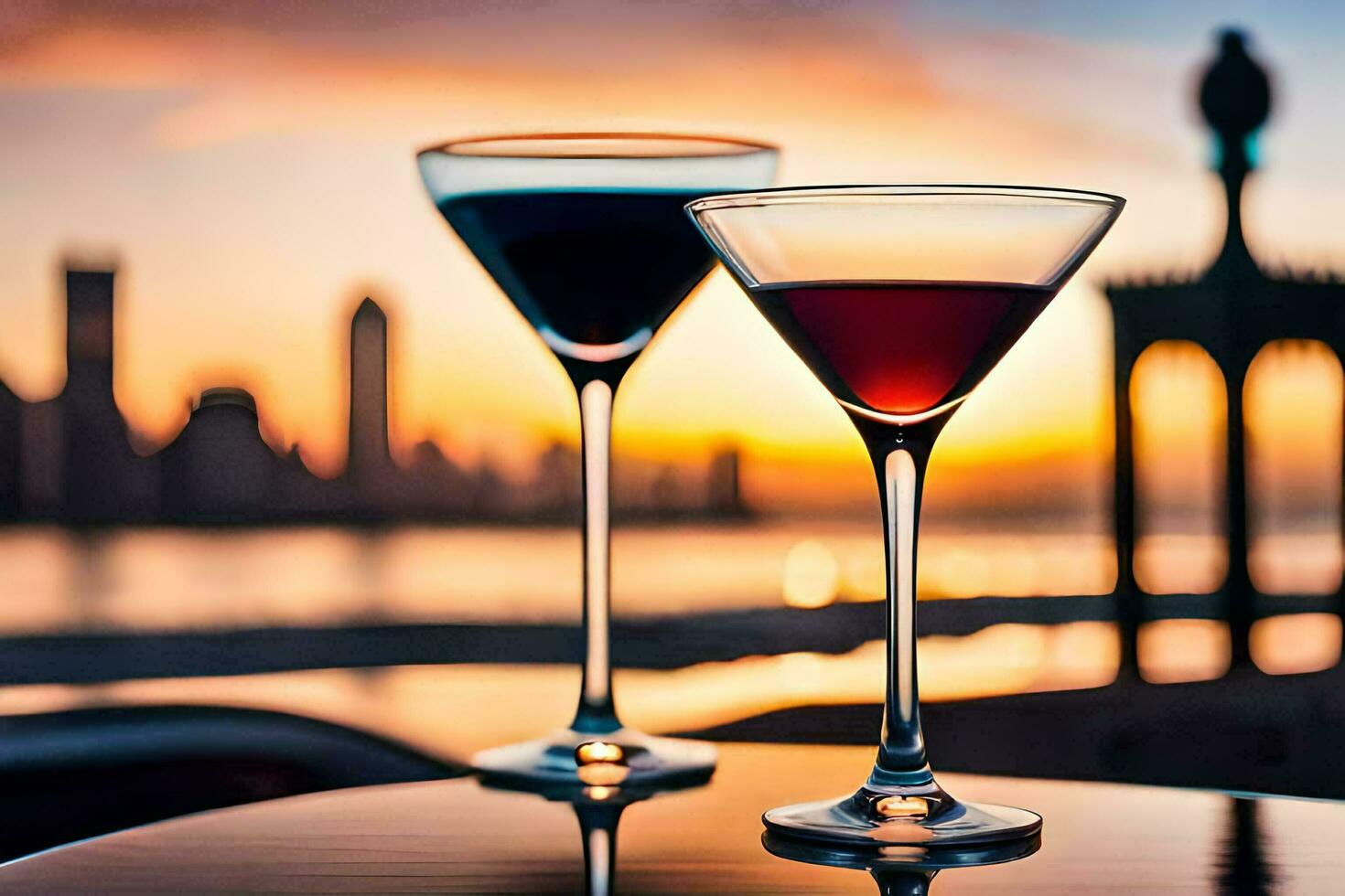 two martinis on a table in front of a city skyline. AI-Generated photo