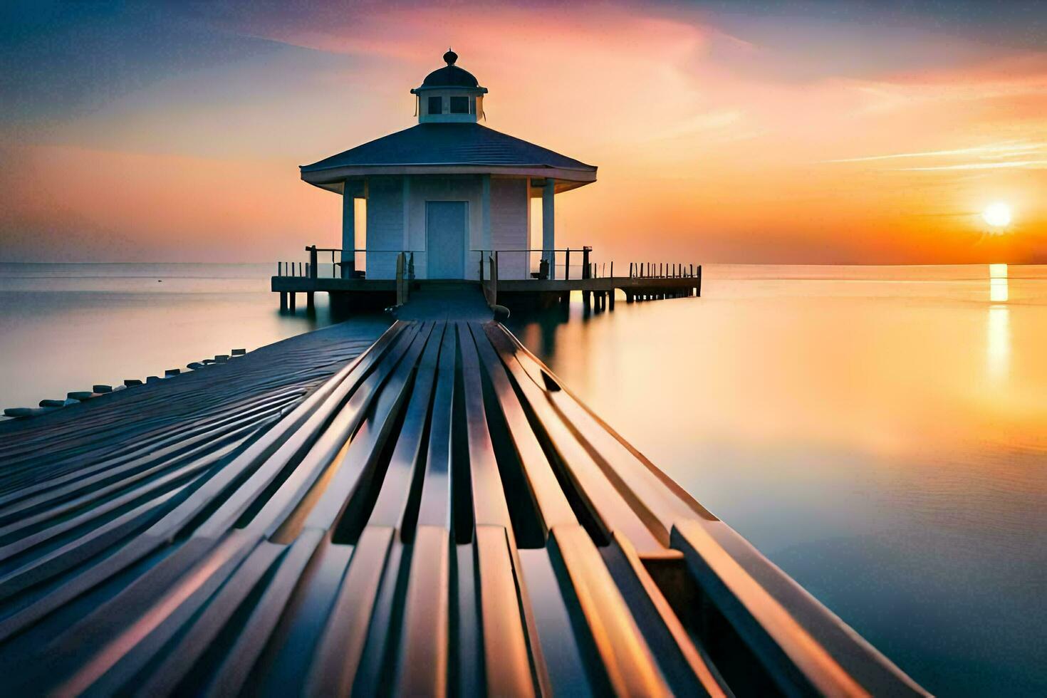 a lighthouse sits on a pier at sunset. AI-Generated photo