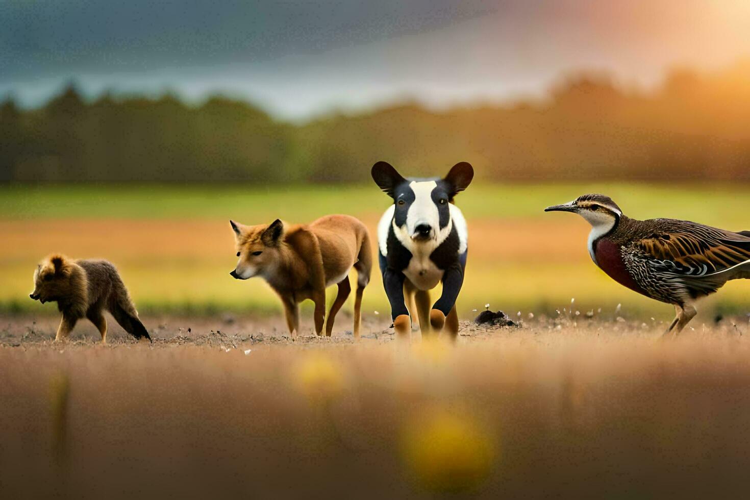 a group of animals walking in a field. AI-Generated photo