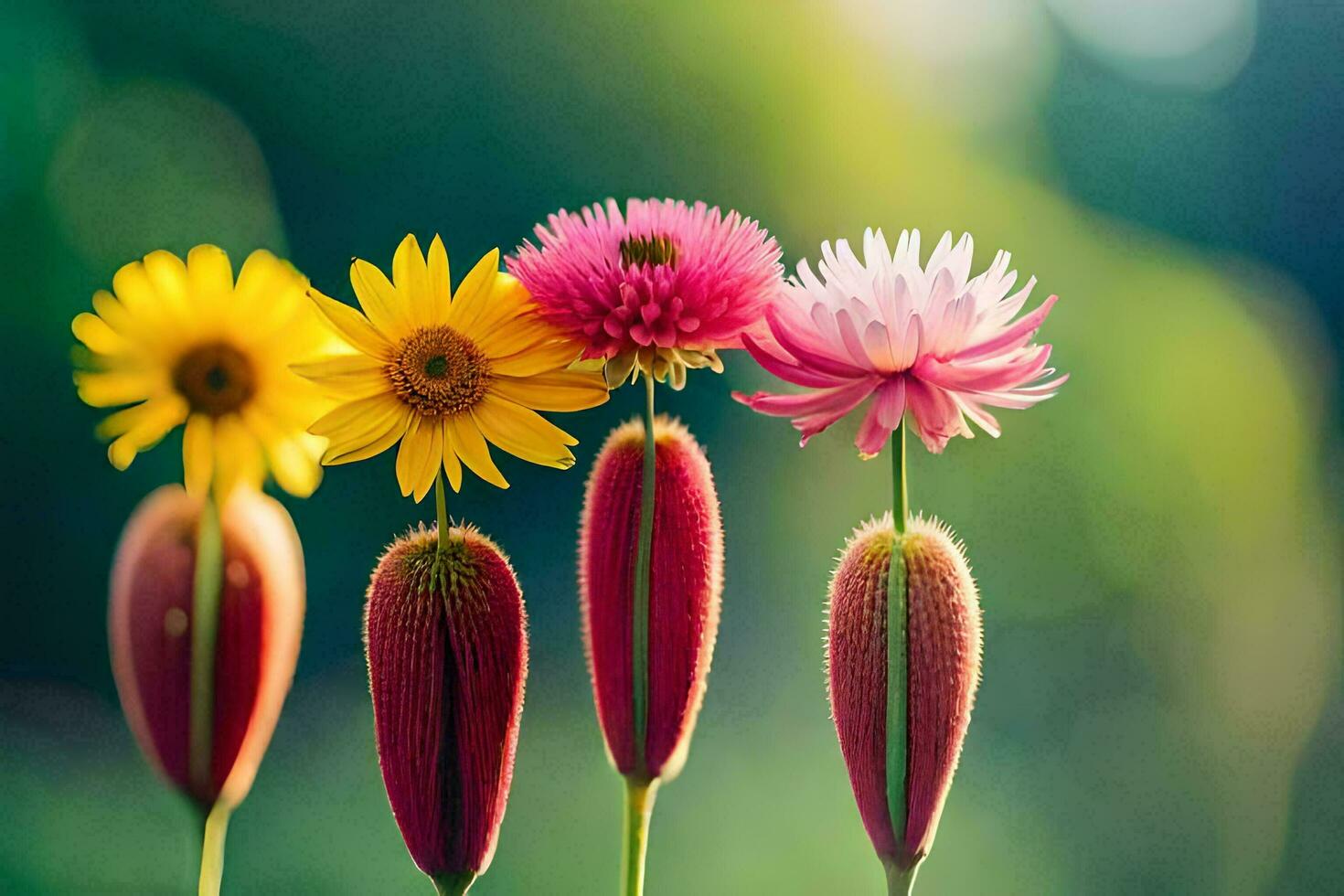 four colorful flowers are standing in front of each other. AI-Generated photo