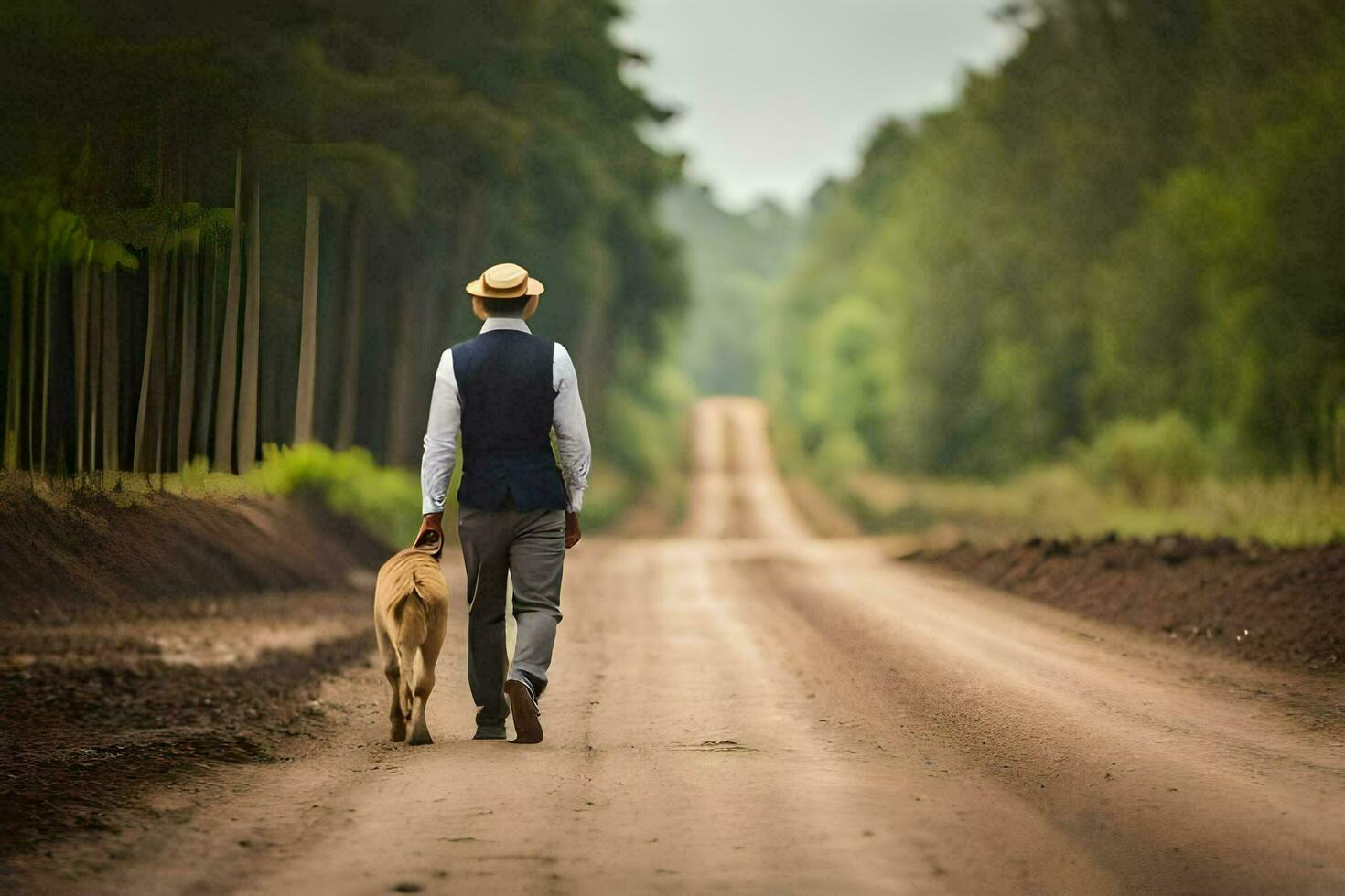 un hombre caminando su perro abajo un suciedad la carretera. generado por ai foto