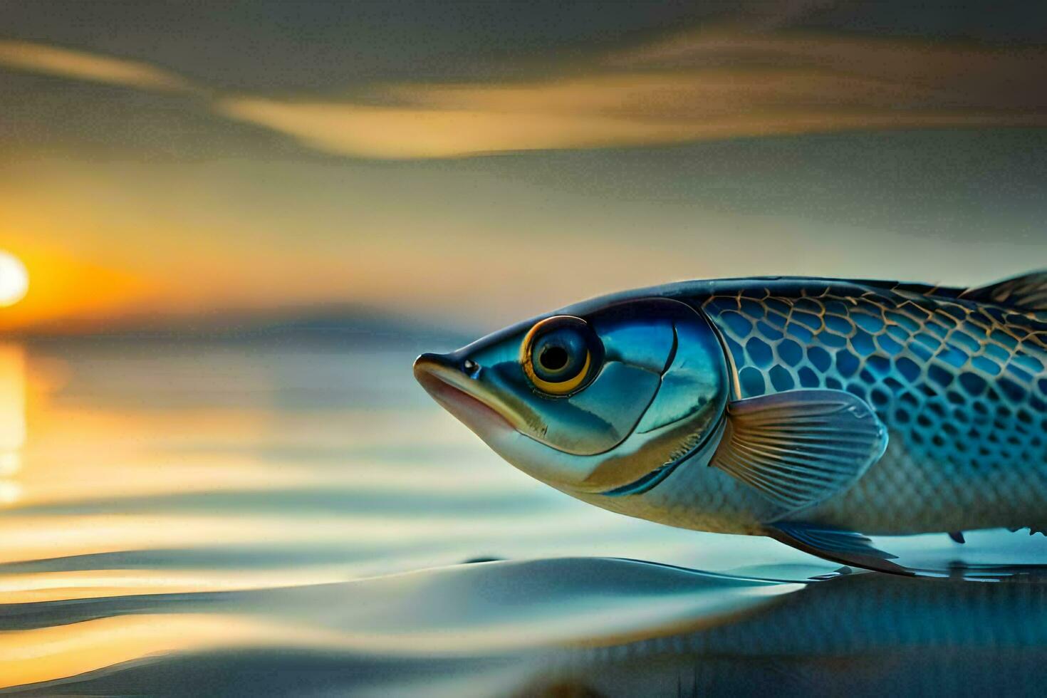 a fish is floating in the water at sunset. AI-Generated photo