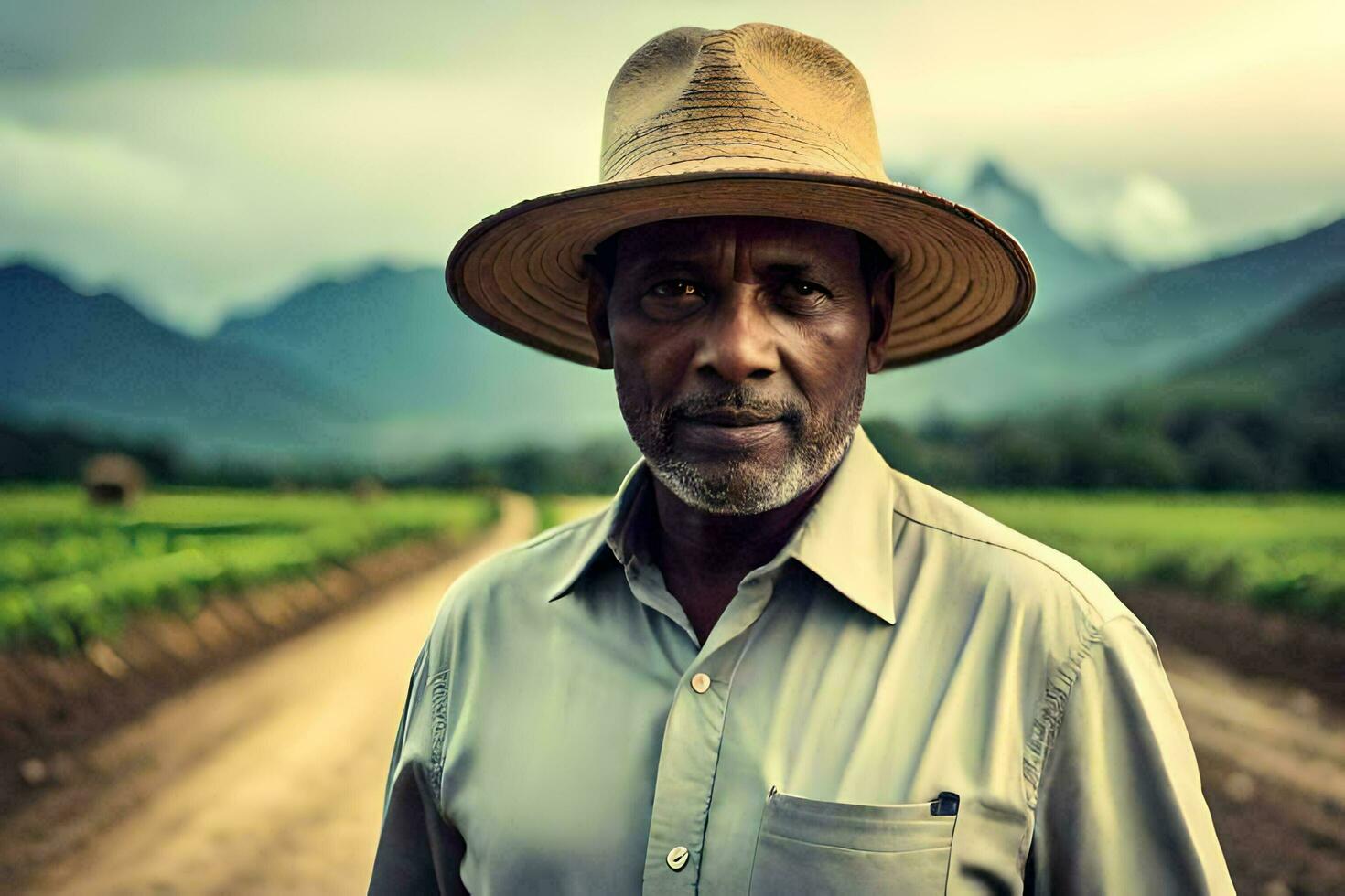 un hombre en un sombrero soportes en un campo. generado por ai foto