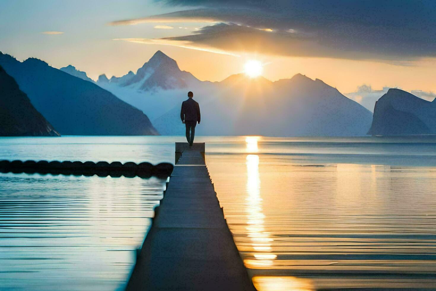 a man standing on a dock looking out at the mountains. AI-Generated photo