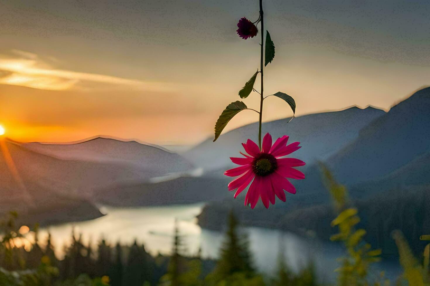 a pink flower is hanging from a branch in front of a mountain. AI-Generated photo