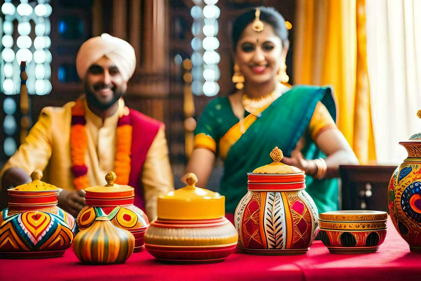 un Pareja en tradicional indio atuendo son posando para un foto. generado por ai foto