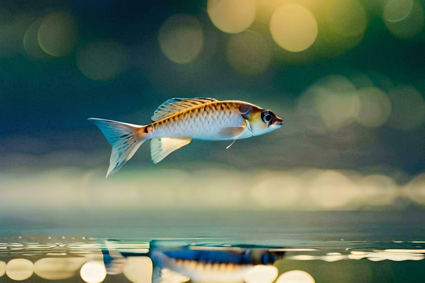 a fish is flying over the water. AI-Generated photo