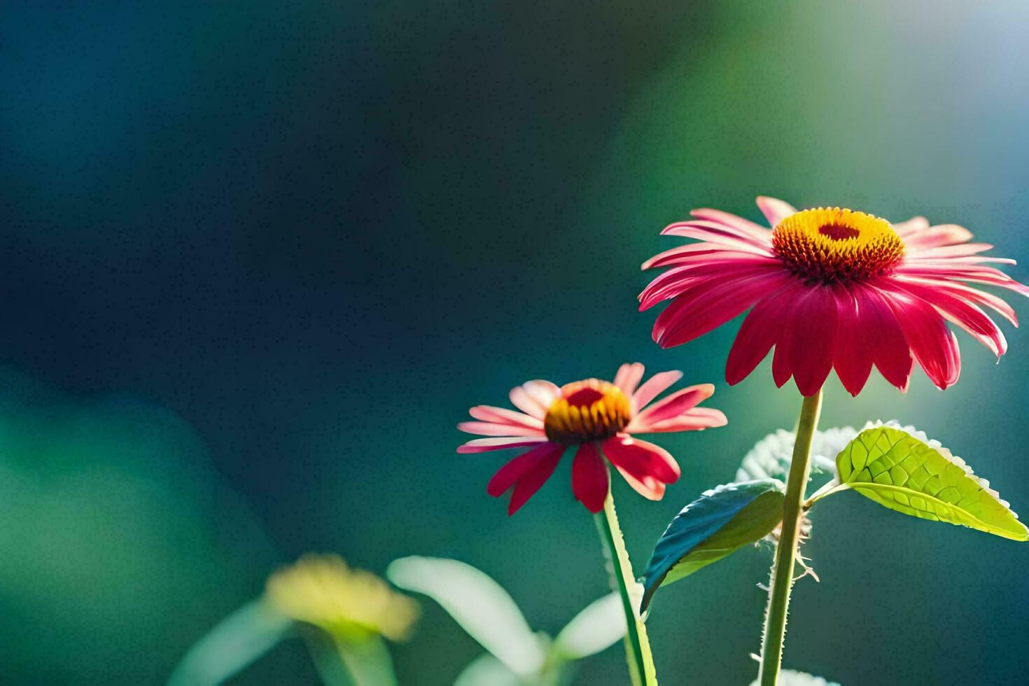 two pink flowers are standing in front of a green background. AI