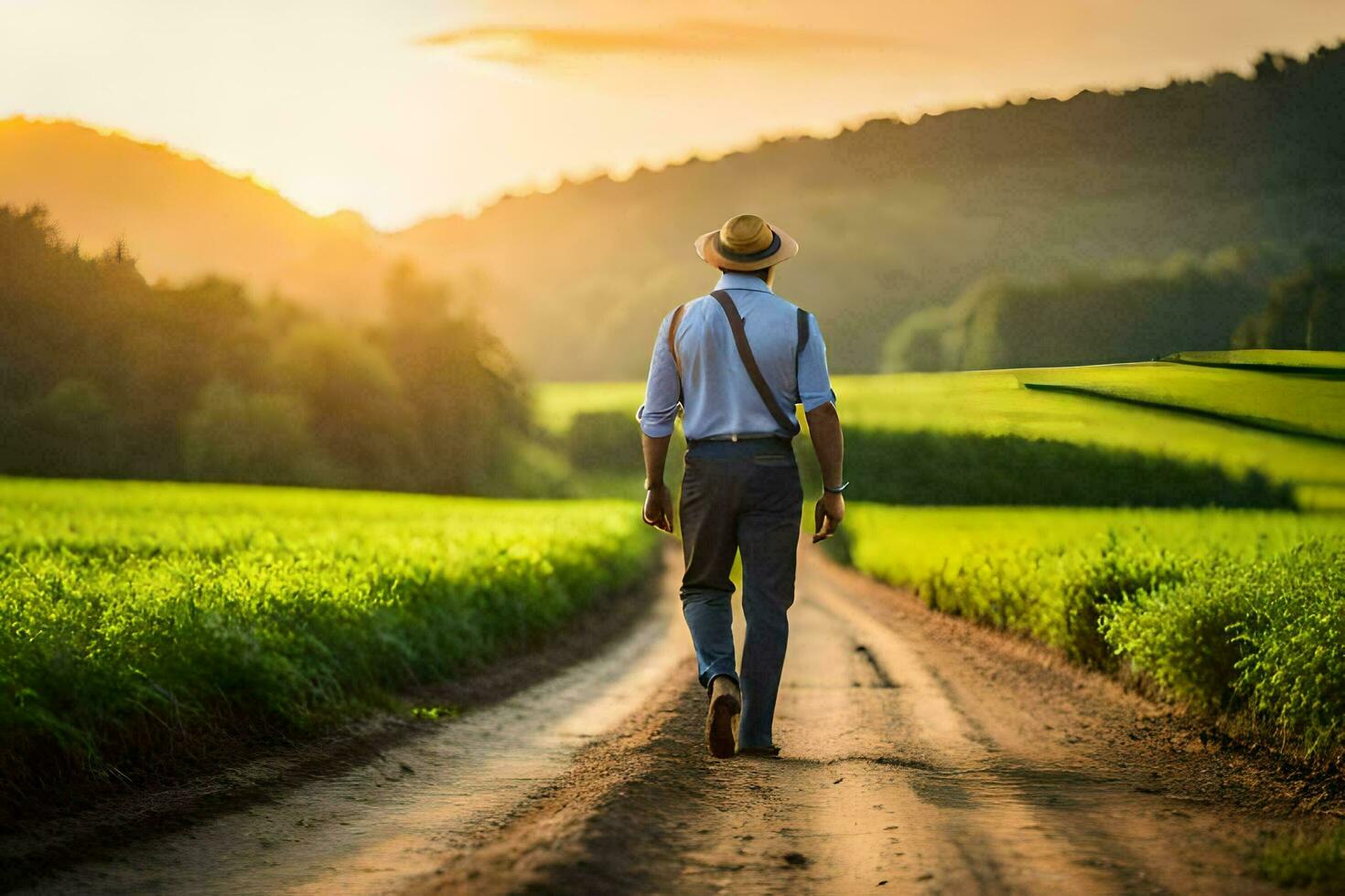 a man in a hat and suspenders walking down a dirt road. AI-Generated photo