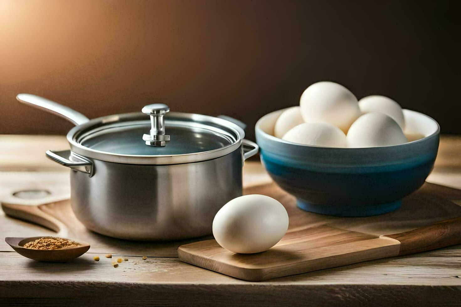 a wooden cutting board with a pot of eggs and a bowl of spices. AI-Generated photo