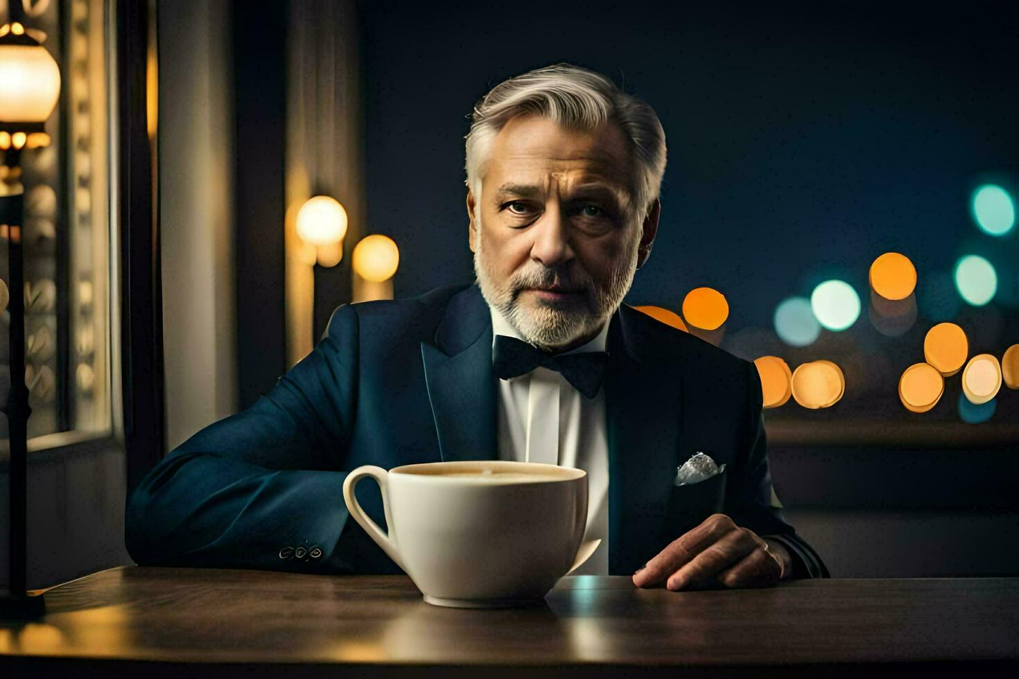 an older man in a suit and tie sitting at a table with a coffee cup. AI-Generated photo
