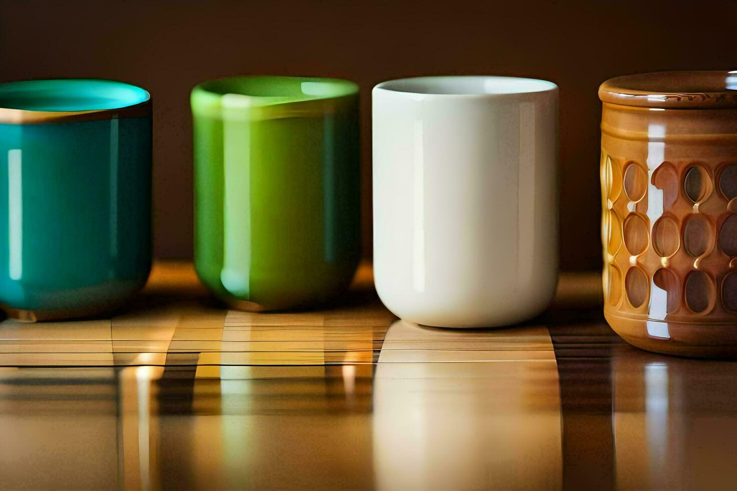 cuatro diferente de colores tazas en un mesa. generado por ai foto