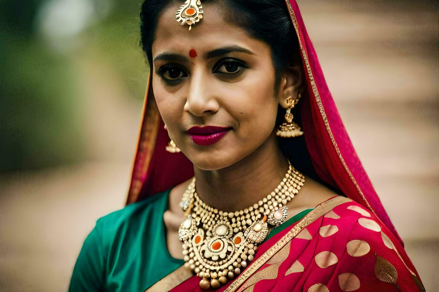 a beautiful indian woman wearing a red sari and gold jewelry. AI-Generated photo