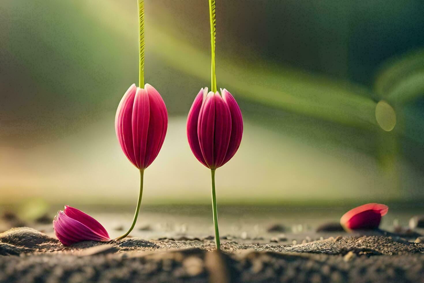 two pink flowers are growing from the ground. AI-Generated photo