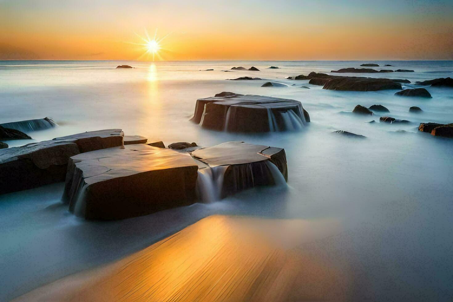 a beautiful sunset over the ocean with rocks and water. AI-Generated photo