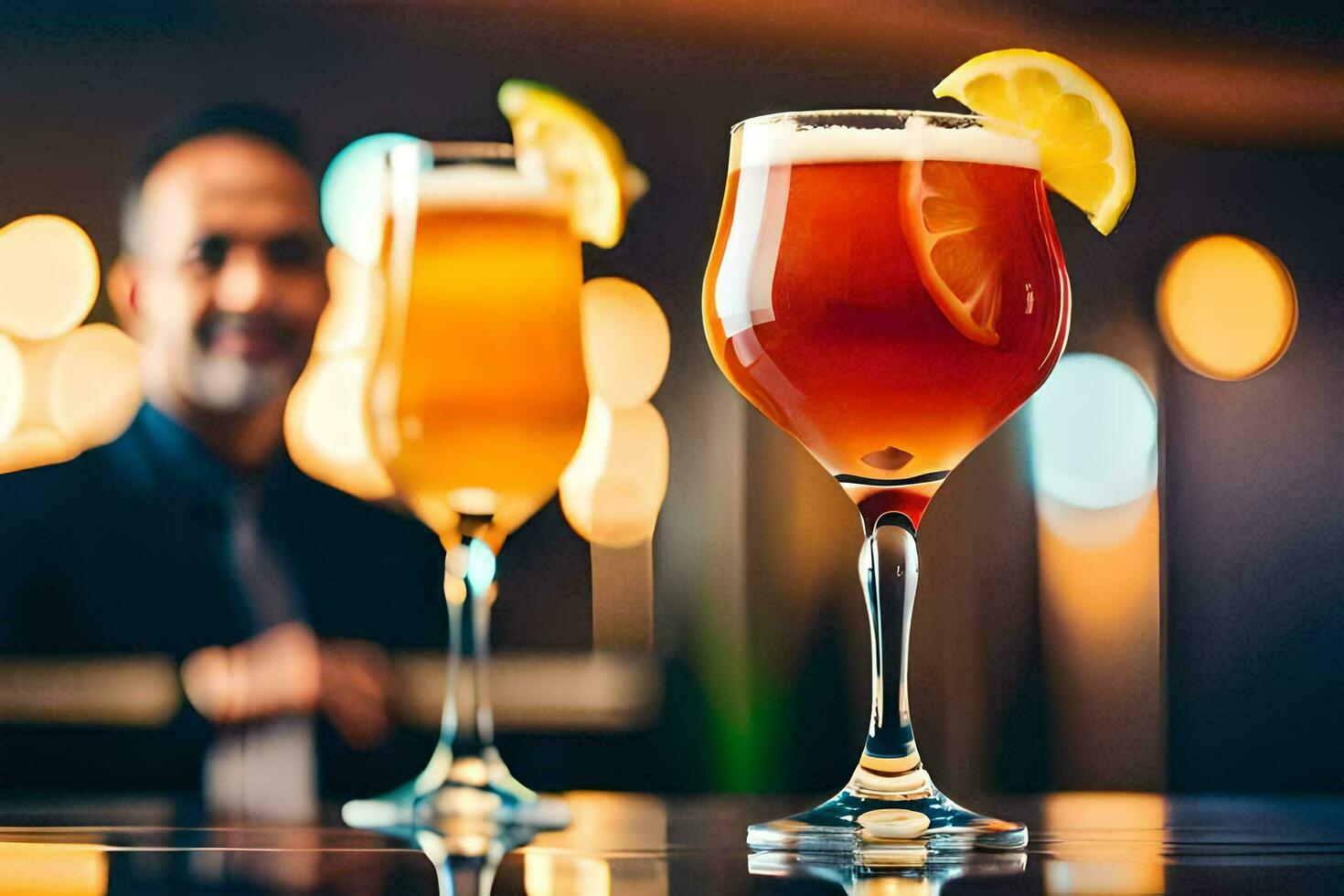 two glasses of alcohol with lemon slices on the bar. AI-Generated photo