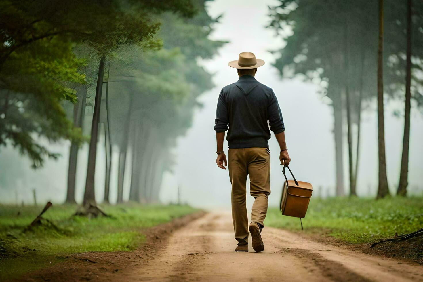 a man with a hat and suitcase walking down a dirt road. AI-Generated photo