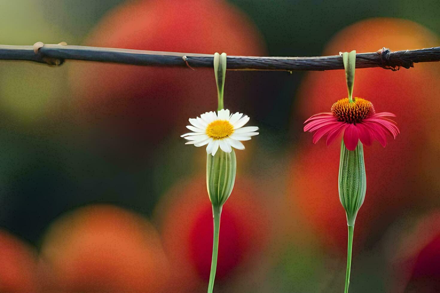 two flowers hanging from a branch with a blurred background. AI-Generated photo