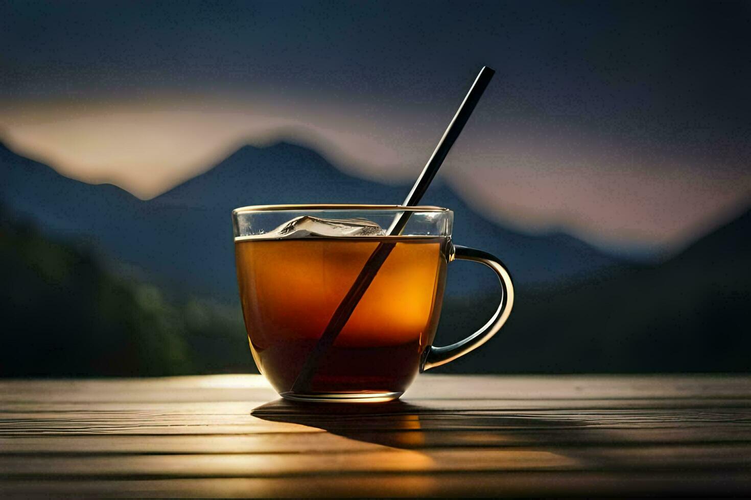 a cup of tea with a straw on a wooden table. AI-Generated photo