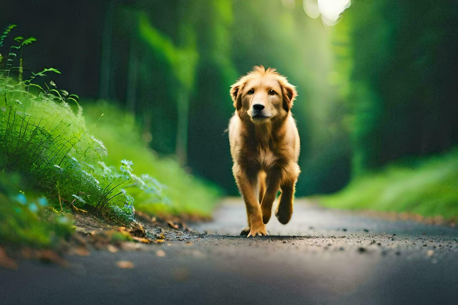 a golden retriever running down a road in the woods. AI-Generated photo