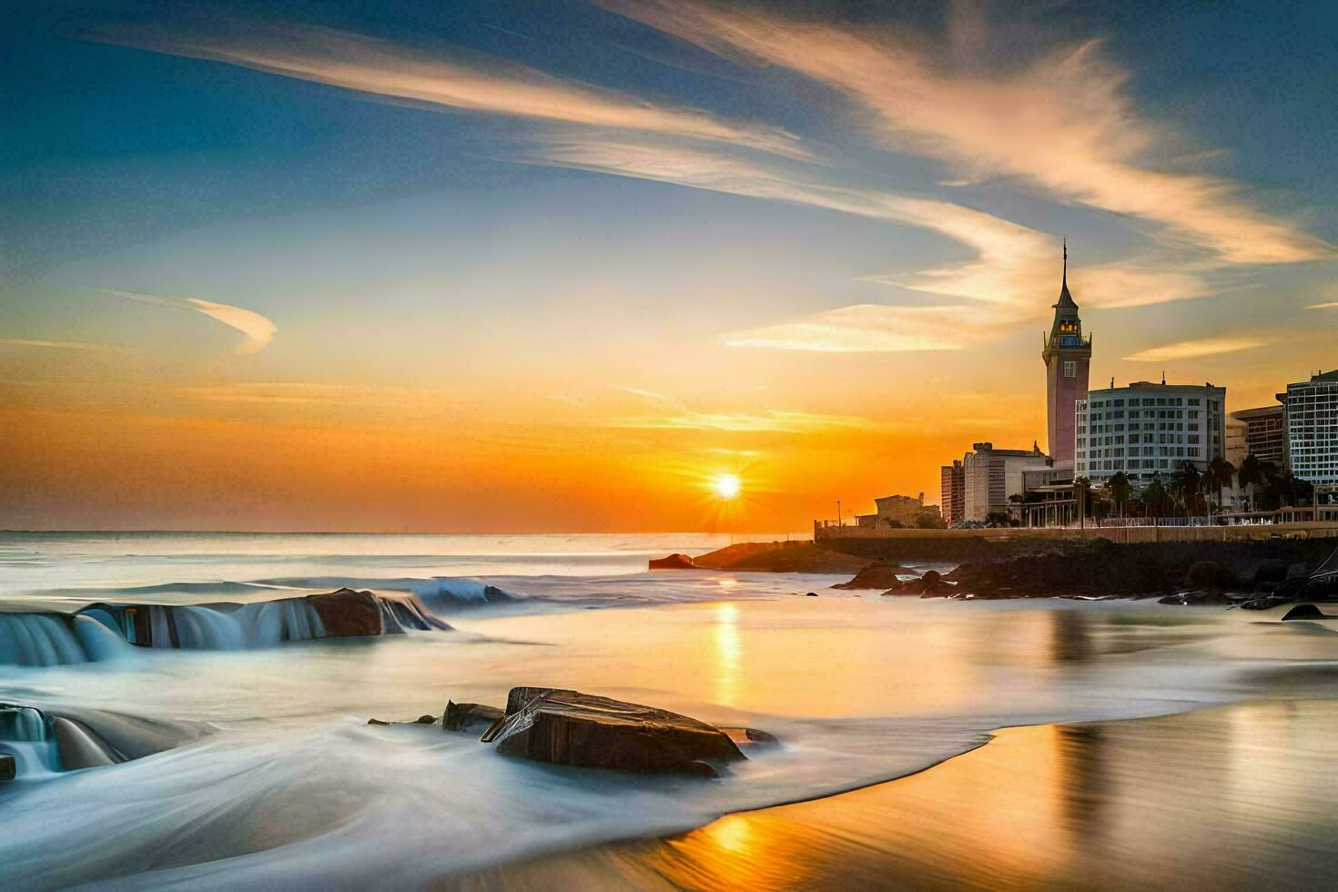 the sun sets over the ocean and a tower in the foreground. AI-Generated photo