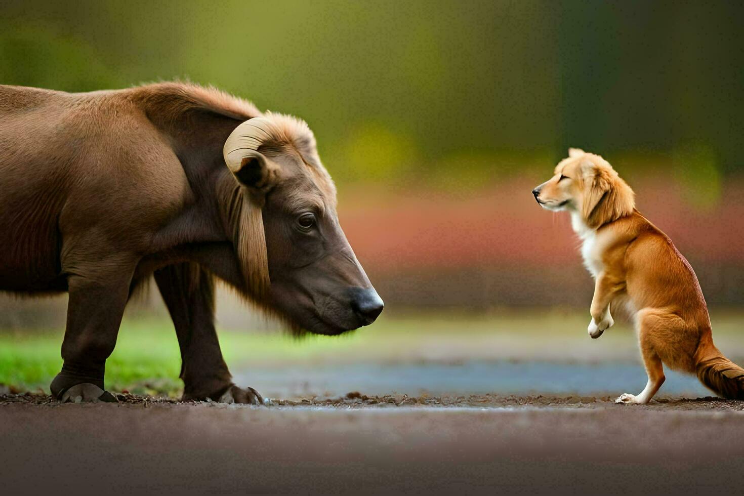 a dog standing next to a buffalo. AI-Generated photo