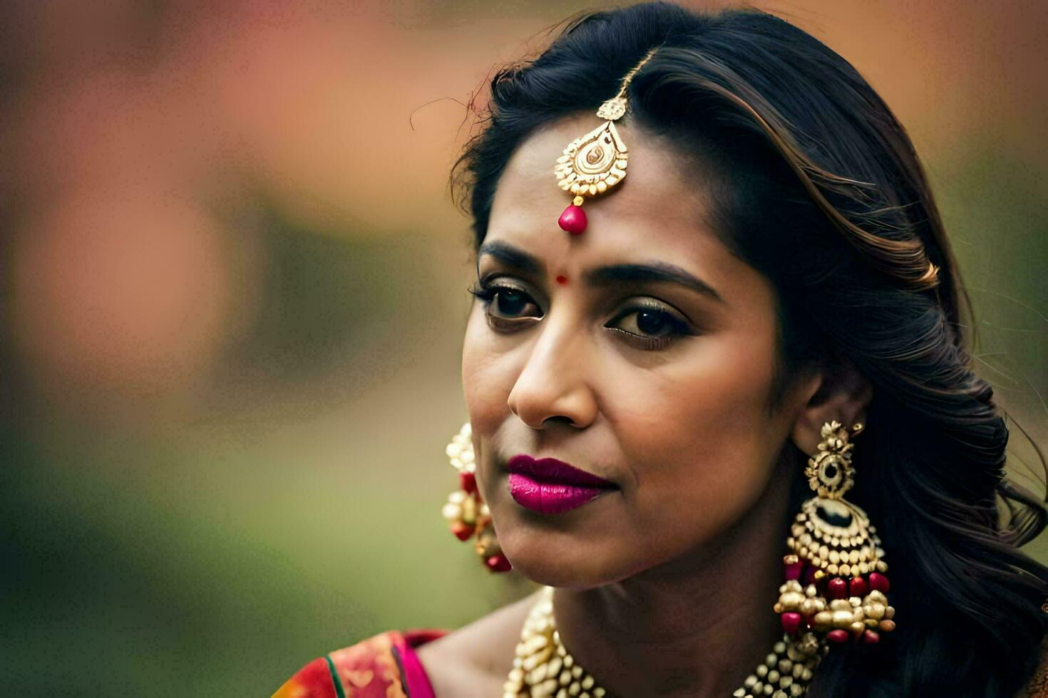 a woman in traditional indian attire with gold jewelry. AI-Generated photo