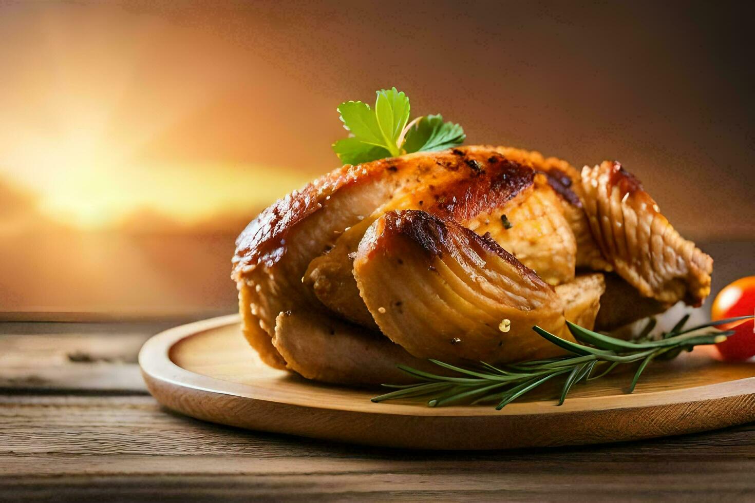 a roasted chicken on a wooden board with a sunset in the background. AI-Generated photo