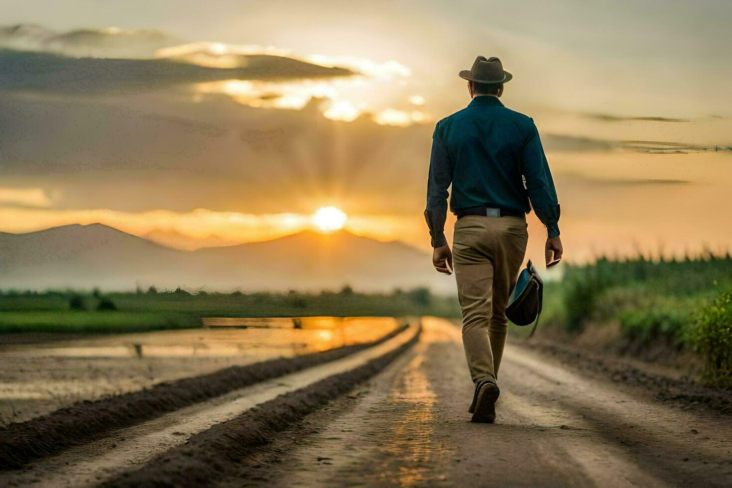 a man walking down a dirt road at sunset. AI-Generated photo