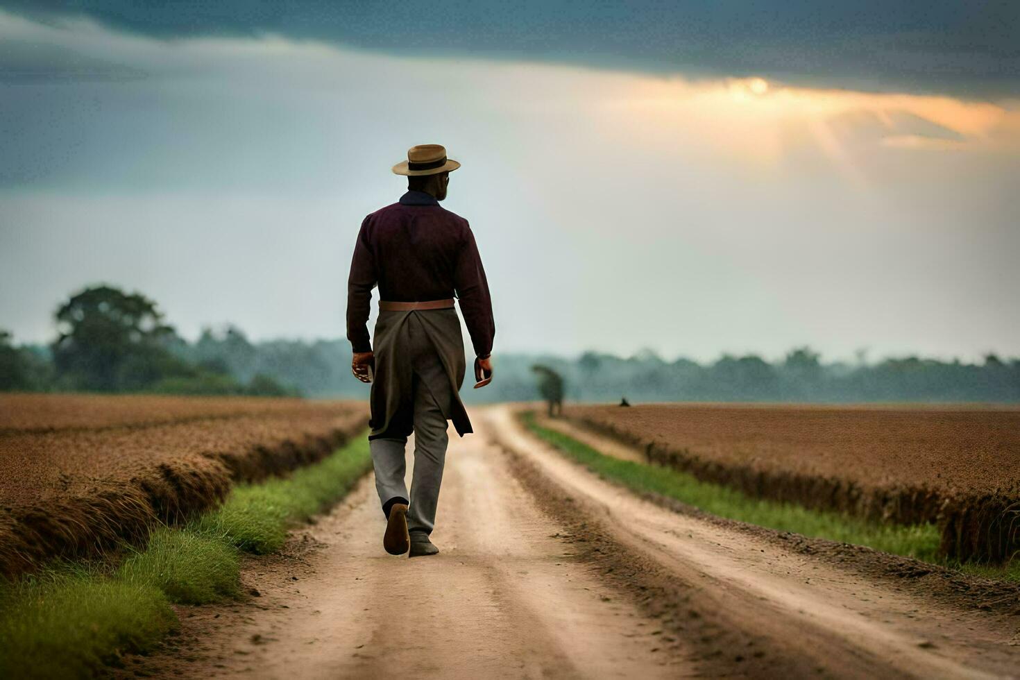 un hombre en un sombrero camina abajo un suciedad la carretera. generado por ai foto