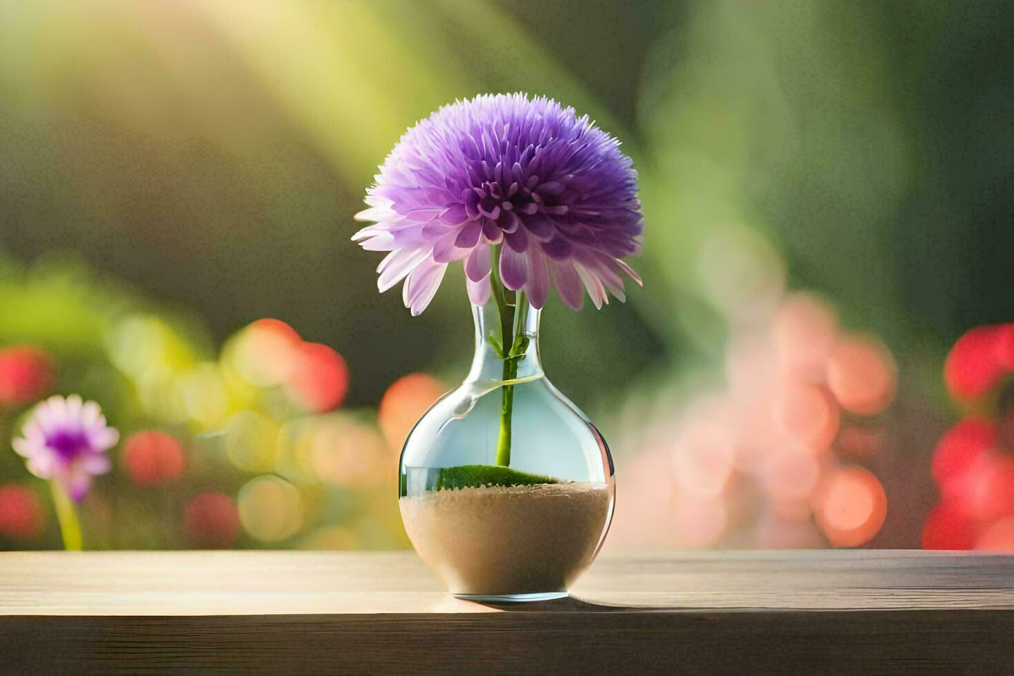 purple flower in a vase on a table. AI-Generated photo