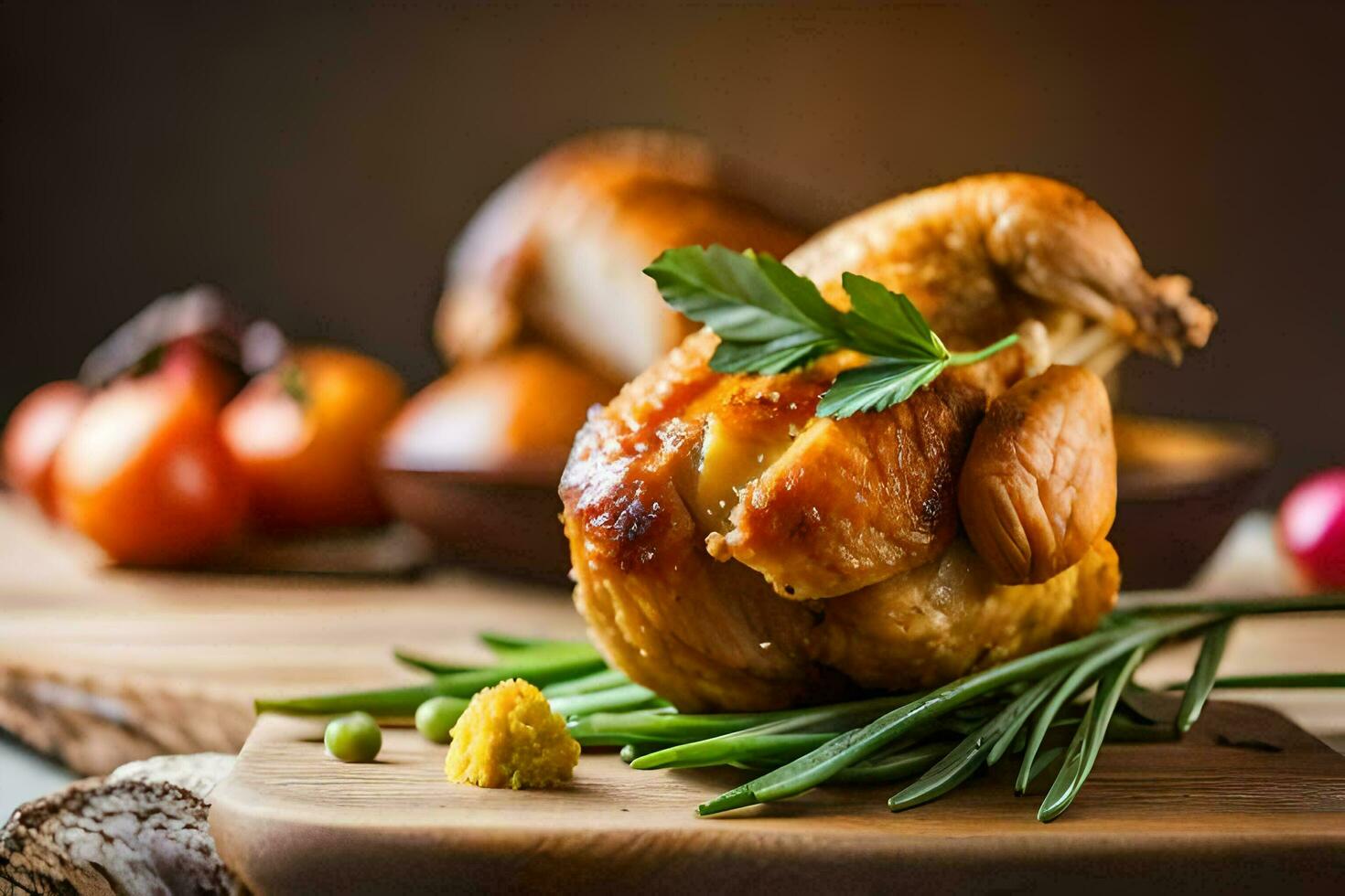 a chicken on a wooden cutting board with vegetables. AI-Generated photo