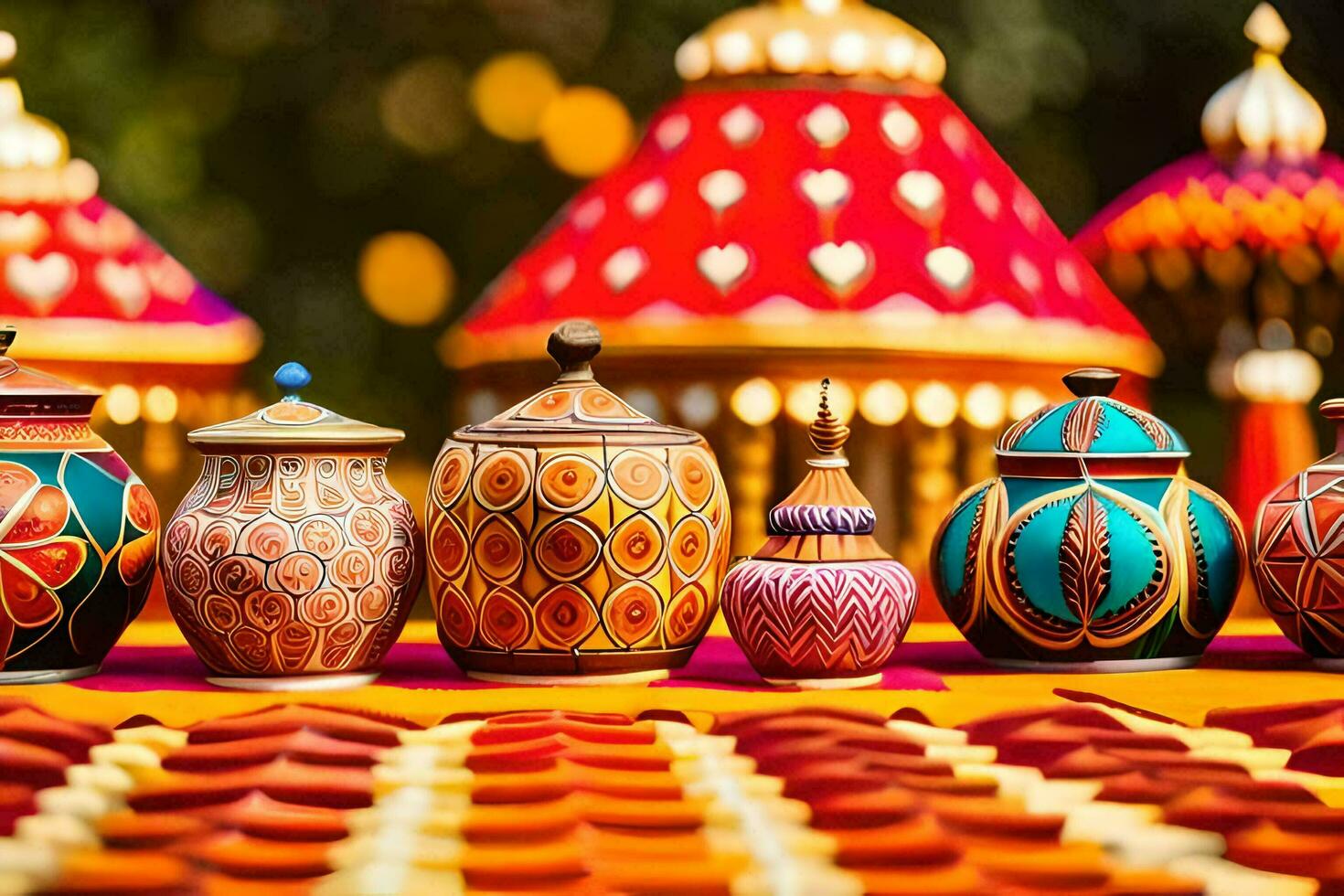 many colorful pots and vases are arranged on a table. AI-Generated photo